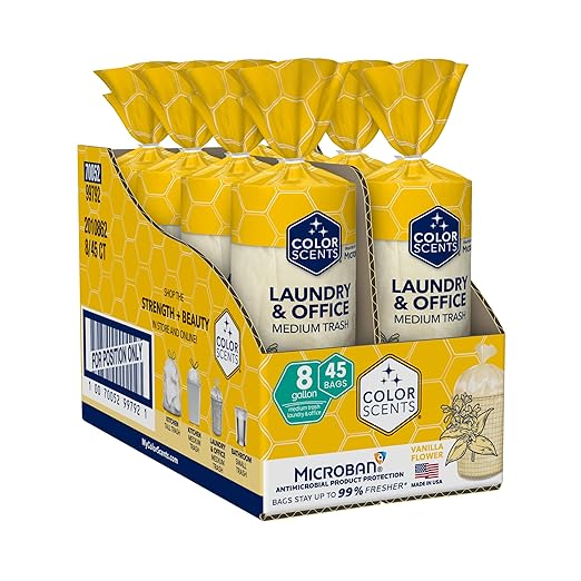 Color Scents Medium Trash Bags - 8 Gallon 360 Total Bags (8 Packs of 45 Count) Twist Tie - Cream bag in Vanilla Flower Scent with Microban