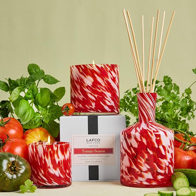 LAFCO New York Signature Reed Diffuser Tomato Season - 15 oz - Up to 9 Months Fragrance Life - Reusable Hand Blown Glass Vessel - Natural Wood Reeds - Made in The USA