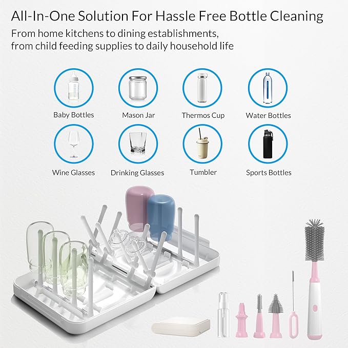 Powerful Electric Baby Bottle Brush Cleaner SetComplete with Silicone Bottle/Nipple/Gap/Straw BrushesPlus a Dispenser and Foldable Drying RackEffort Electric Cleaning BrushPortable Travel Set