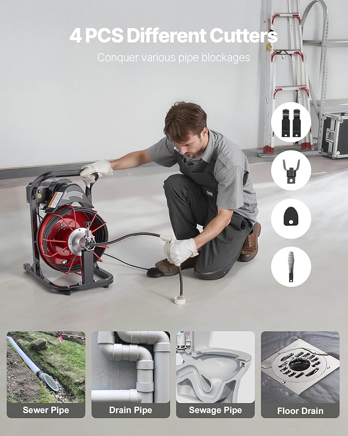VEVOR Drain Cleaner Machine 50 FT x 5/16 Inch Auto Feed Sewer Snake Auger with 4 Cutters &amp Air-Activated Foot Switch for 2 to 4 Pipes