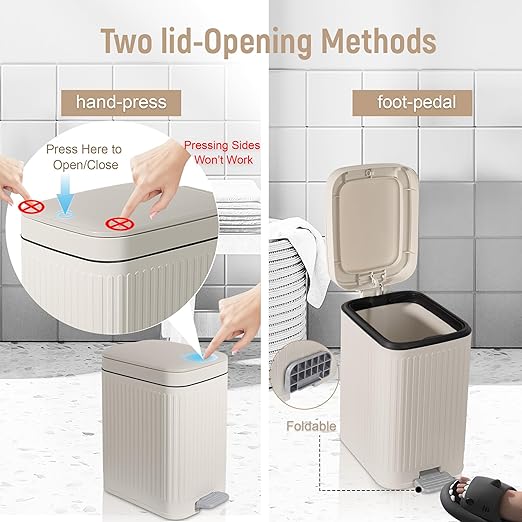 rejomiik Small Bathroom Trash Can with Lid Slim Soft Close Garbage Can Step Wastebasket Container Trash Bin for Office Bedroom Kitchen Living Room (2.6 Gallon Cream)