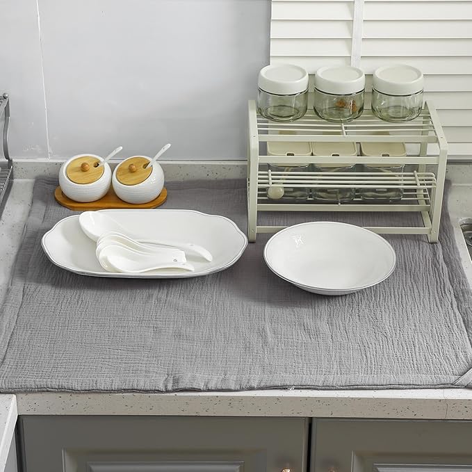 2 Pcs Extra Large Dish Drying Mats for Kitchen Counter28 x 24 100% Cotton Gray Pad Thick Highly Absorbent Mats Muslin Gauze Quick Drying Dishes Drainer Pad for Sinks Draining Racks