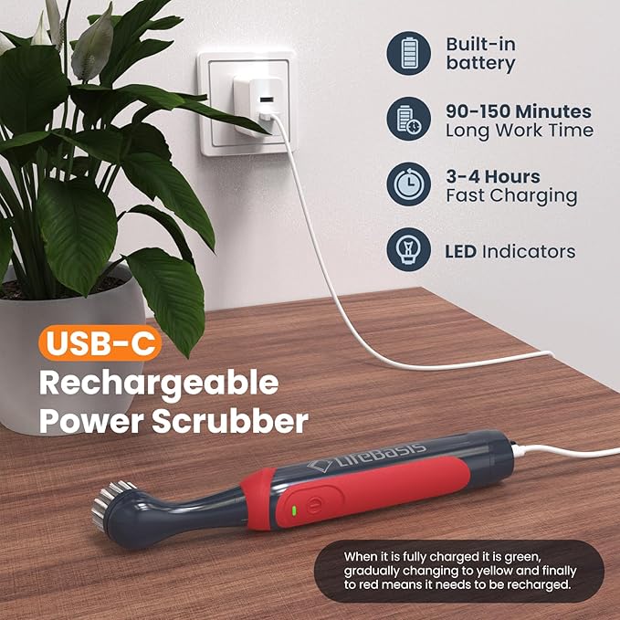 LifeBasis Rechargeable Power Scrubber 11-Piece Kit Cordless Electric Cleaning Brush IPX7 Waterproof Electric Grout Brush for Home Kitchen Bathroom Grout Tile Shower Tub Red