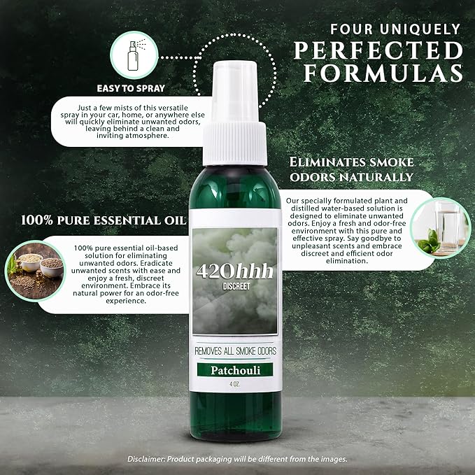 420hhh CannaEssence Multi-Purpose Odor Eliminating Spray: Essential Oil-Based Solution Removes All Smoke Odors in Home Car Office Clothing &amp Furniture- 4 oz Patchouli (Pack of 2)