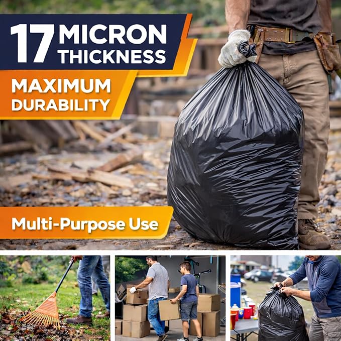 Cavero 55-60 Gallon Heavy Duty 200 Count Trash Bags | American Made Black Can Liners 17 Micron Large Tough Garbage Bags (38 x 58) Value Size Multi-Purpose for Home Office Commercial Industrial
