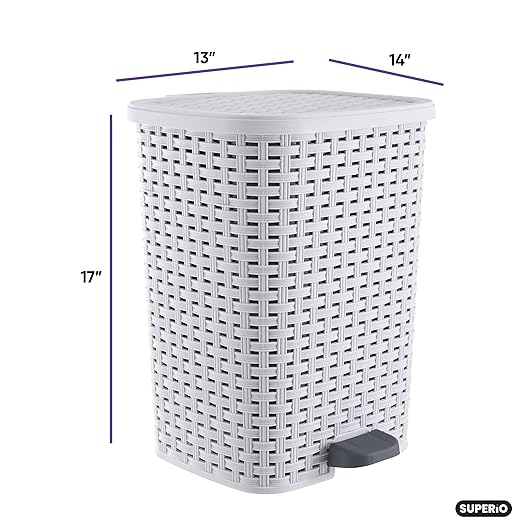 Superio Small Outdoor Trash Can with Lid for Dog Poop 6.8 Gallon/26 L Step On Plastic Garbage Can with Foot Pedal for Bathroom Bedroom Office Patio Wicker Smoke