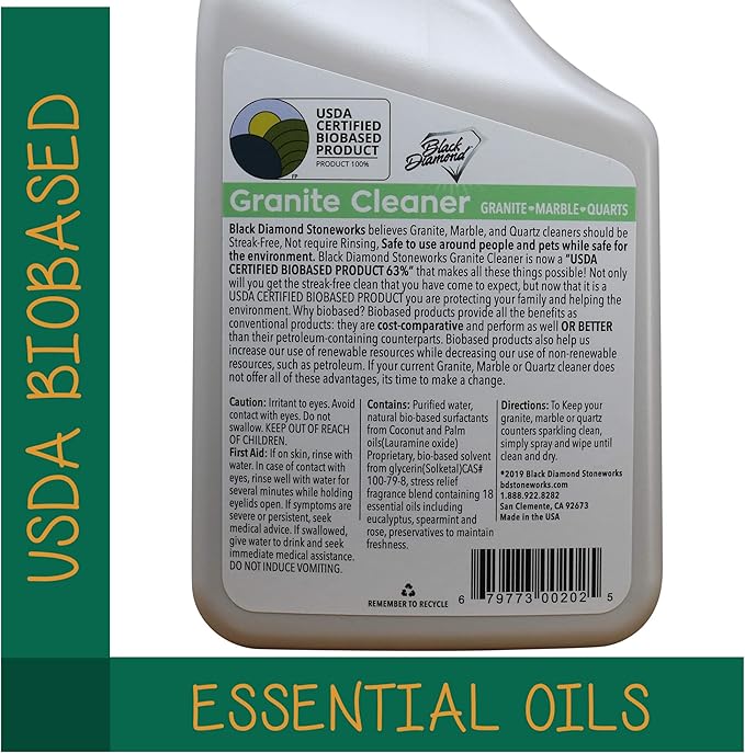 Black Diamond Stoneworks Granite Counter Cleaner: USDA Certified BIOBASED- Safe for Granite Quartz Marble Travertine Countertops. 1-Quart / 1-Gallon