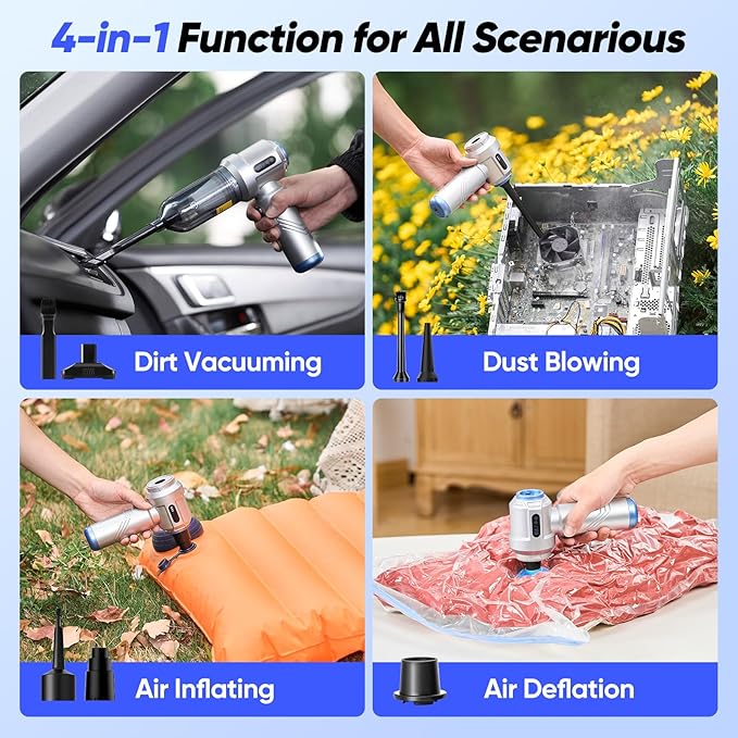 Cordless Car Vacuum 4 in 1 Mini Vacuum Cleaner High Power 17500PA Suction Handheld Vacuum Portable Air DustersBattery 3 Level Adjustment Small Car Cleaner for Cars Home Office (Silver)