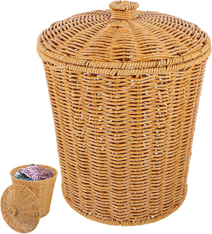 Rattan Waste Basket Wicker Trash Can with Lid Round Trash Bin Woven Storage Basket Clothes Container Laundry Hamper for Bedroom Living Room Bathroom Chocolate