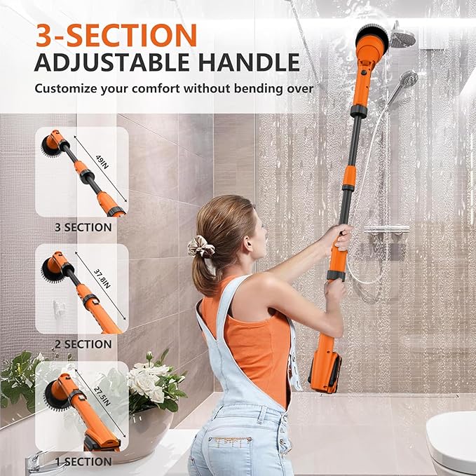 2 Battery Electric Spin Scrubber 1000RPM Cordless Cleaning Brush Waterproof with 20V Power Supplied Adjustable Extension Handle 4 Replaceable Cleaning Heads Hook Gloves - for Tub/Tile/Wall/Floor