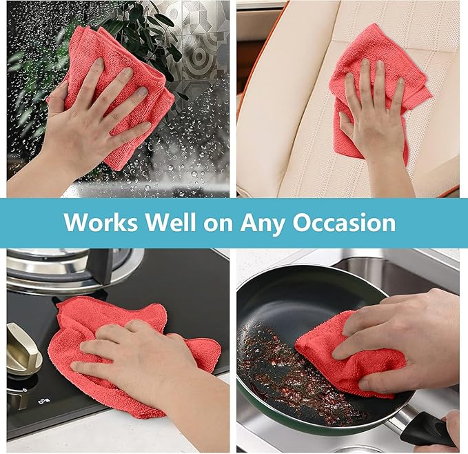HOMEXCEL Red Microfiber Cleaning Cloth 100 Pack Microfiber Towel for Cars Lint Free Scratch-Free Highly Absorbent and Cleaning Rags for House Window and Glass Cars TV Screen 11.5 X11.5 inch