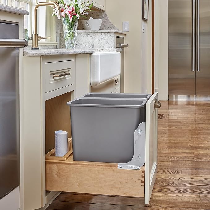 Rev-A-Shelf 35 Qt Bottom Mount Double Pullout Under Cabinet Kitchen Trash Cans w/Soft-Close 150 Pound Rated Full-Extension Slides Gray 4WCBM-18DM-2 – Container Bins for Waste Management
