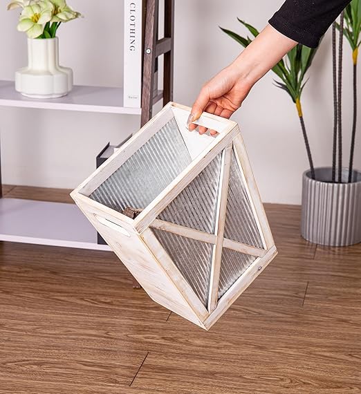 Small Wood Trash Can Wastebasket Decorative Barn Door Garbage Can Waste Basket Rustic Distressed Rectangular Trash Bin Farmhouse Wooden Storage Basket Waste Paper Bin (Whitewash)