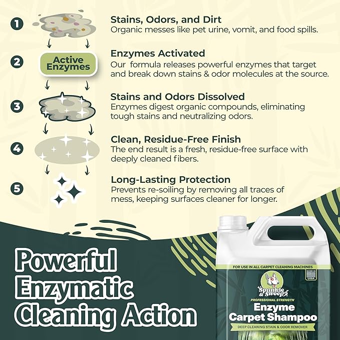 Sprinkle &amp Sweep Enzyme Carpet Cleaner - Enzyme Carpet Shampoo (64oz) - Carpet Cleaner Solution to Eliminate Tough Stains &amp Neutralize Odors - Removes Dog Cat All Pets Urine- Use with All Ma