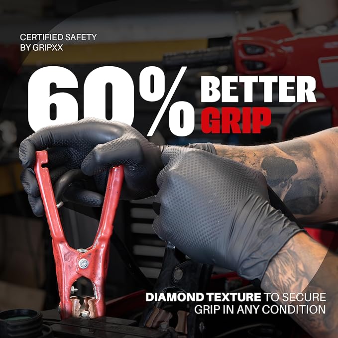 Herkules Grip Heavy Duty 8Mil Black Nitrile Gloves3D Raised Diamond Texture-Latex &amp Powder-Free Industrial Mechanic
