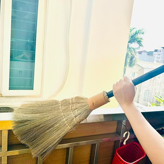 Vietnamese Straw Soft Black Broom for Cleaning with Long Handle Broom- Broom Decorative 9.45'' Width 45.28 Length