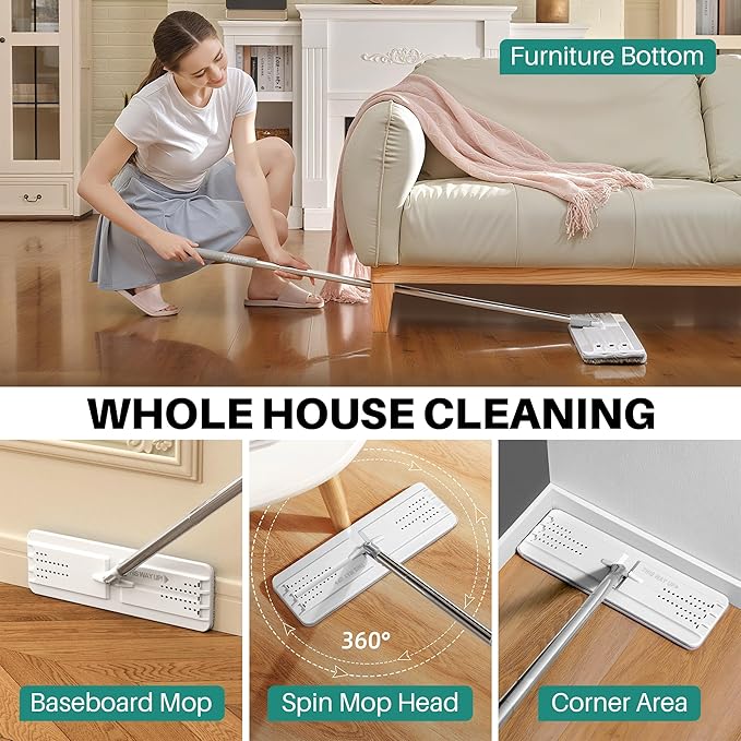 JOYMOOP White Flat Mop &amp Bucket with 1 Microfiber Pad 12 Disposable Toilet Brushes Stainless Steel Toilet Brush and Holder Set Multi-Functional Cleaner for Floors Windows and Toilets