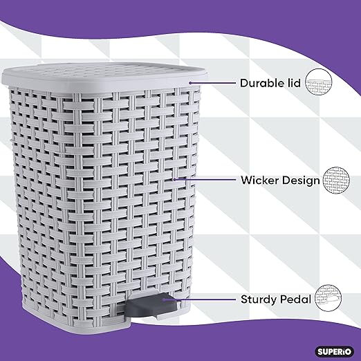 Superio Small Outdoor Trash Can with Lid for Dog Poop 3 Gallon/12 L Mini Plastic Garbage Can with Foot Pedal for Bathroom Bedroom Office Patio Wicker Smoke