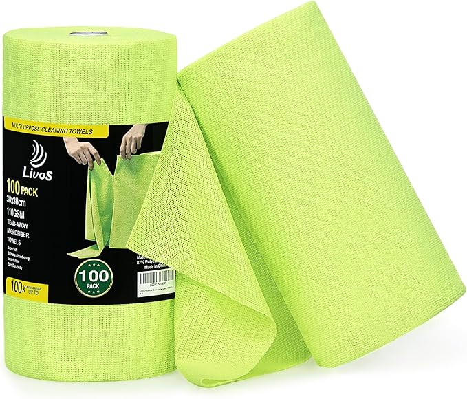 LIVOS Microfiber Cleaning Cloth Roll - 100 Pack Reusable Paper Towels Microfiber Towels for Car Super Absorbent Cleaning Rags for HouseKitchenWindow-Green 11.5x11.5|Lightweight Quickly Dry