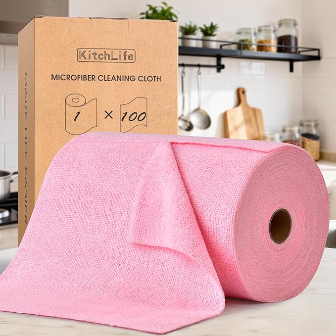 KitchLife Microfiber Cleaning Cloth Roll 100 Pack - Tear-Away Microfiber Paper Towels Lint-Free Reusable Washable for Kitchen Car Dishes and Sensitive Surfaces (Pink)