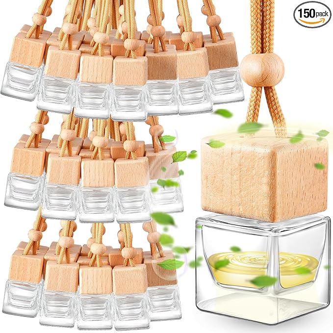 Domensi 150 Pcs Car Air Freshener Hanging Car Diffuser Bottles Empty Glass Perfume Bottles Refillable Air Freshener Pendant Aromatherapy Fragrance Vials Ornament Decor