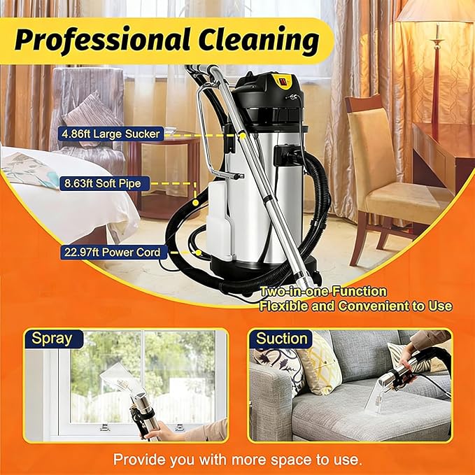 Commercial Carpet Cleaner Machine30L/40L/60L Capacity 3-in-1 Wet Dry Vacuum with 6 Attachments for Carpet Sofa Crevice 60L