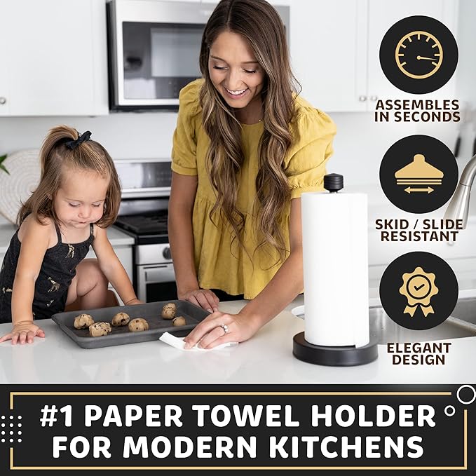 Heavy-Duty Stainless Steel Paper Towel Holder - Easy One-Handed Tear with Suction Cups - Modern Weighted Standing Countertop Dispenser for Kitchen - Holds All Paper Towel Rolls Black