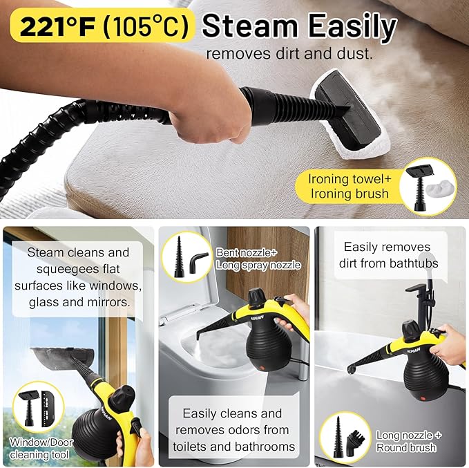 Steamer for Cleaning Multipurpose Portable Steam Cleaners for Home Use with Safety Lock and 10 Accessory Kit to Remove Grime Grease and More (Black) (Black)