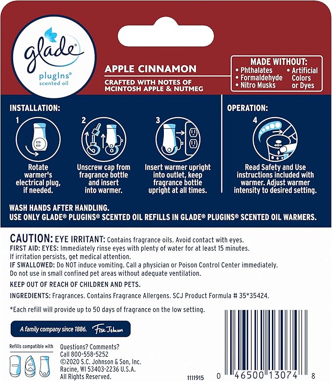 Glade PlugIns Refills Air Freshener Scented and Essential Oils for Home and Bathroom Apple Cinnamon 1.34 Oz 2 Count