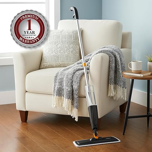 OVENTE Microfiber Spray Mop for Floor Cleaning with Refillable Bottle Washable and Reusable Pad 360° Spin Flat Cordless Wet Scrubber for Hardwood Ceramic Laminate and Vinyl Tiles Black CTM121BGD