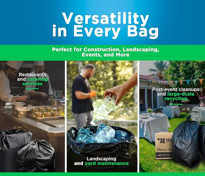 IGB Heavy Duty Trash Bags 55-60 Gallons (100 Count) – Extra Durable Contractor Bags for Construction Landscaping Restaurants – Leak-Proof Industrial Garbage Bags for Commercial Use