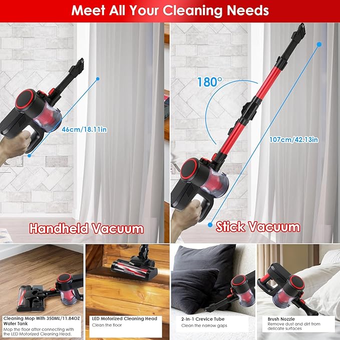 Cordless Vacuum Cleaner 12Kpa Stick Vacuum Cleaners Cordless with LED Floor Lights Powerful Suction Lightweight Handheld Vacuum Cleaners for Carpet Hard Floor Pet Hair