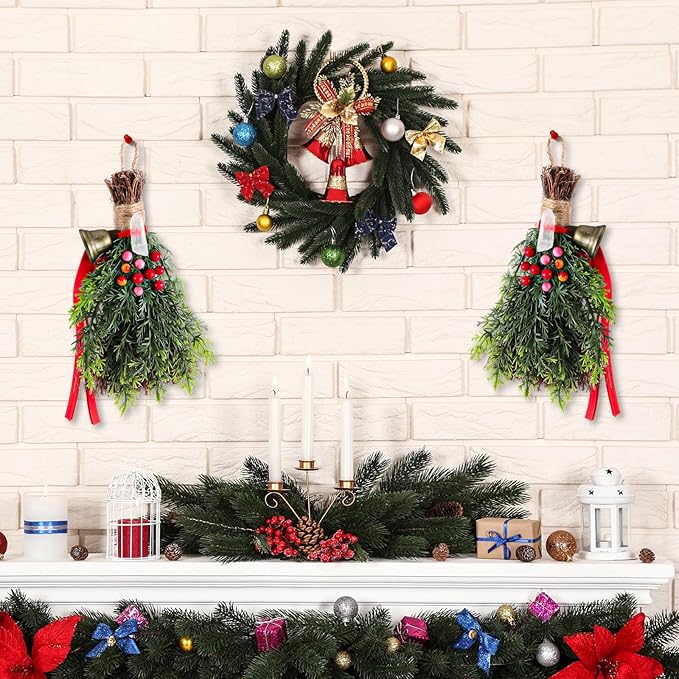 Jenaai 2 Pcs Yule Decorative Broom 6.7 Inch Pagan Christmas Decor Mini Witch Broom Handmade Pagan Broomstick with Crystal Holly Berry Jingle Bell Xmas Hanging Decor for Altar Door Protection Gift