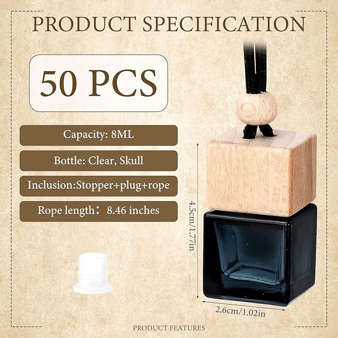 50 Pcs Hanging Car Air Freshener Empty Glass Car Diffuser Bottles Refillable Perfume Bottle Freshener Diffuser Bottle Pendant for Essential Oil Fragrance Aromatherapy Bottle Ornament(Black)