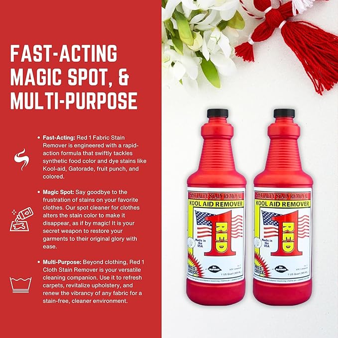 Pro's Choice Fabric Stain Remover Red 1 - Stain Remover on Synthetic Food Colors/Dyes - Carpet &amp Couch Stain Remover - Red Wine Stain Remover for Clothes Laundry - Red Stain Removal (2 Pack 32 fl