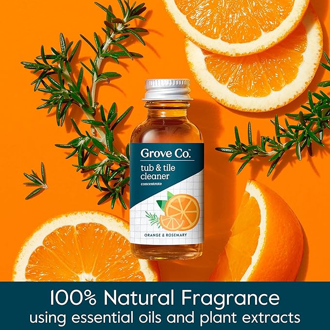 Grove Co. Tub and Tile Cleaner Refill Concentrate (2 x 1 Fl Oz) + 1 x Reusable Glass Spray Bottle (16 Oz) Plant-Based Cleaning Supplies Bundle No Plastic Waste 100% Natural Orange &amp Rosemary Sce