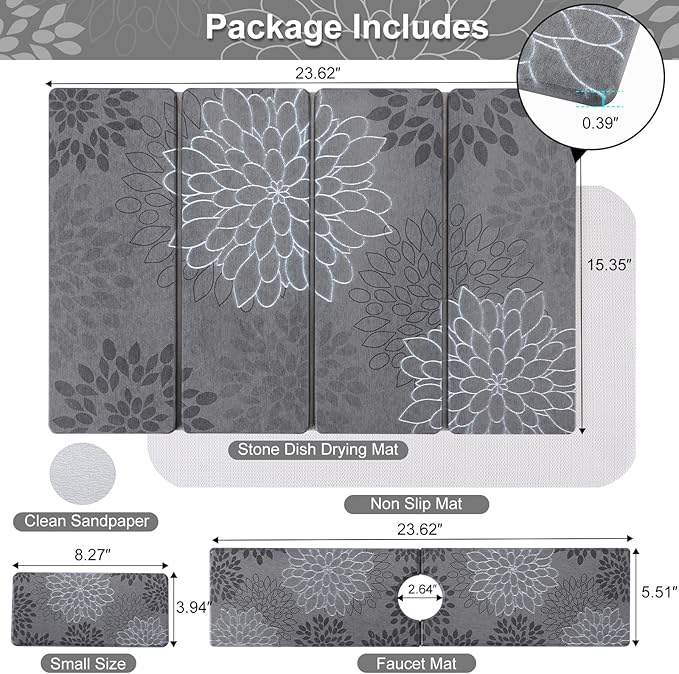 3 PCS Large Stone Dish Drying Mat for Kitchen Counter Quick Dry Stone Dishes Mats Cup Coasters Sink Faucet Mat Water Absorbing Diatomaceous Earth Drying Pad for Countertop Tableware Bottles