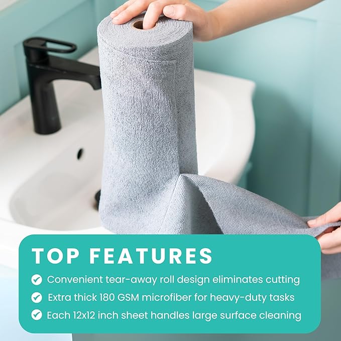 Microfiber Cleaning Cloth Roll Tearaway 50 PCS Tear Away Towels Reusable &amp Washable Ultra Absorbent 12 x 5.5 Dish Rags for Car Home Kitchen  200 GSM Thickness Paper Towel Alternative