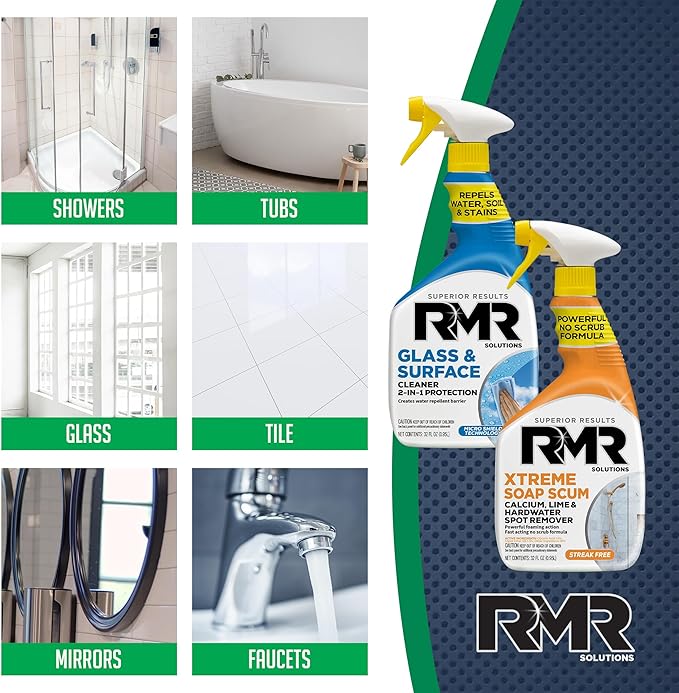 RMR Shower Shield Power Pack – Glass &amp Surface Cleaner/Repellent + Xtreme Soap Scum Remover Multi-Surface Cleaning Kit for Bathroom Tile Glass &amp Surfaces 2–32 Oz Bottles