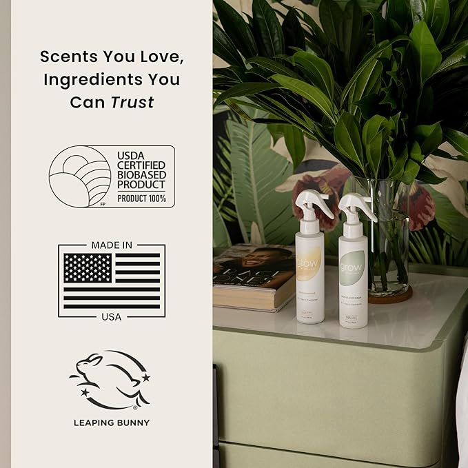 Grow Fragrance Scented Fabric and Room Air Freshener Spray - Certified Non-Toxic 100% Plant-Based Essential Oils - 5 oz (Blondewood + Woodland Sage 2-Count)