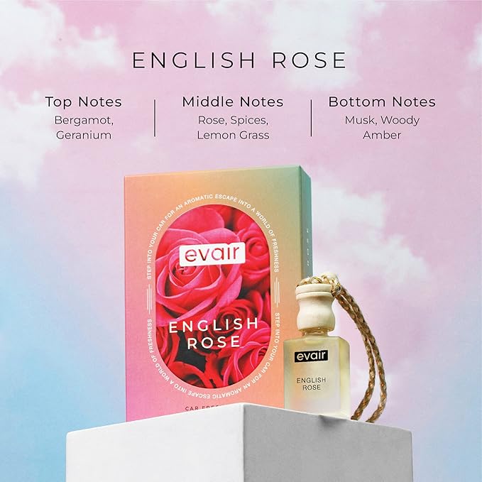 Evair Combo Pack of Car Air Freshener with Essential Oils Fragrances Black Amber Ocean Rush &amp English Rose in Glass Bottle with Wooden Diffuser Lid | Each 10 ml- Pack of 3