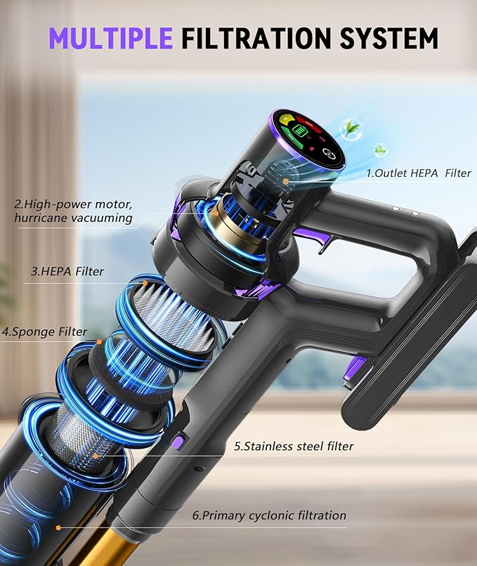 Cordless Vacuum Cleaner 600W 55KPA 60Mins Vacuum Cleaners for HomeAnti-tangle Wireless VacummRechargeable Vacuum With Green LightPowerful Stick Vacuum for Carpet/Hardwood FloorsPet HairPurple
