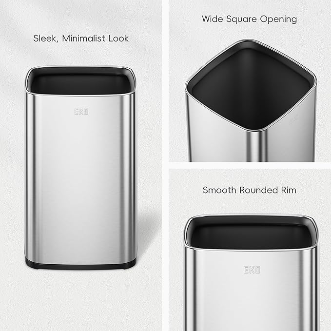 EKO 2-Pack Open Top Trash Can with Removable Inner Basket Square Small Garbage Can 1.8 + 3.2 Gallon Wastebasket Combo for Kitchen Bathroom Office Home (Stainless Steel)