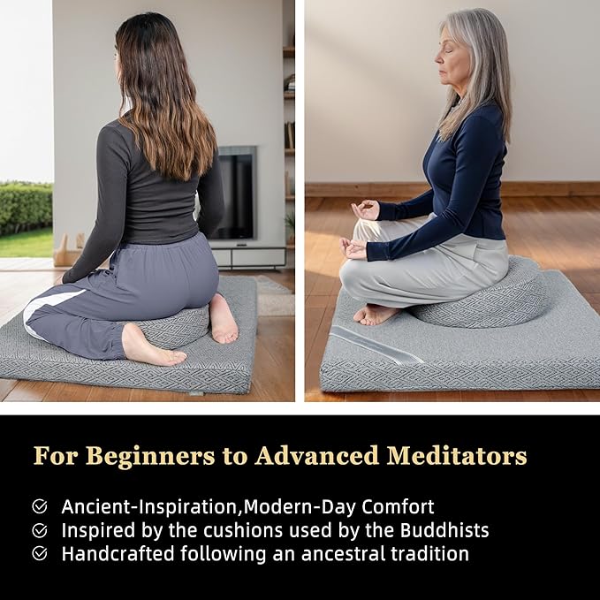 Meditation Zafu Cushion Set with Buckwheat Hulls &amp Memory Foam - Ergonomic Support for Yoga &amp Sitting - Removable Machine-Washable Luxury Velvet Cover - for Adults and Kids (Premium Grey)