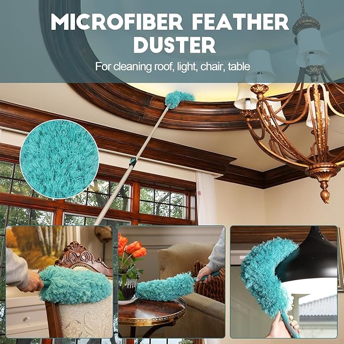 30 Foot High-Reach Duster Kit with 6-24FT Extendable Pole - High Ceiling Duster Cleaning Kit with Telescopic PoleCobweb Duster Window Squeegee Microfiber Feather Duster