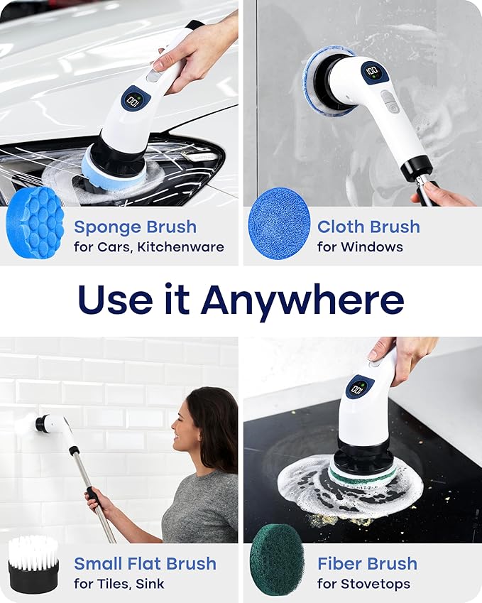 Electric Spin Scrubber for Cleaning Adjustable Shower Brush with 7 Replaceable Heads &amp Power LED Display 2 Speed Waterproof Cordless Shower Scrubber for Bathtub Kitchen Car White