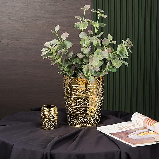 Round Ceramic Small Trash Can Wastebasket Garbage Container Bin for Bathrooms Powder Rooms Kitchens Home Offices - Durable - Gold Christmas Decor