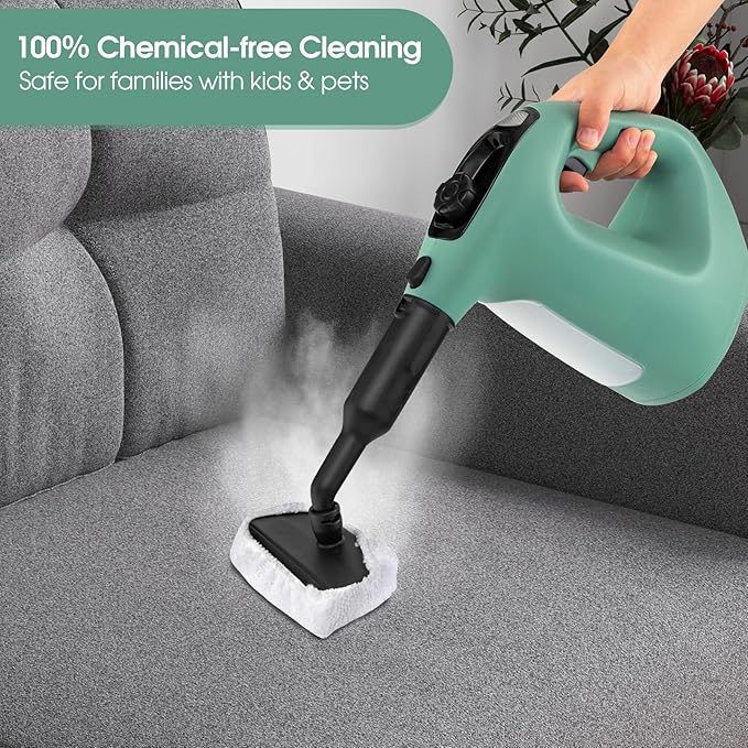 S AFSTAR Handheld Steam Cleaner 1400W Pressurized Steamer with 14-Piece Accessories &amp Child Lock Multipurpose Portable Steamshot Steam Mop for Cleaning Kitchen Floor Sofas Car Windows (Green)