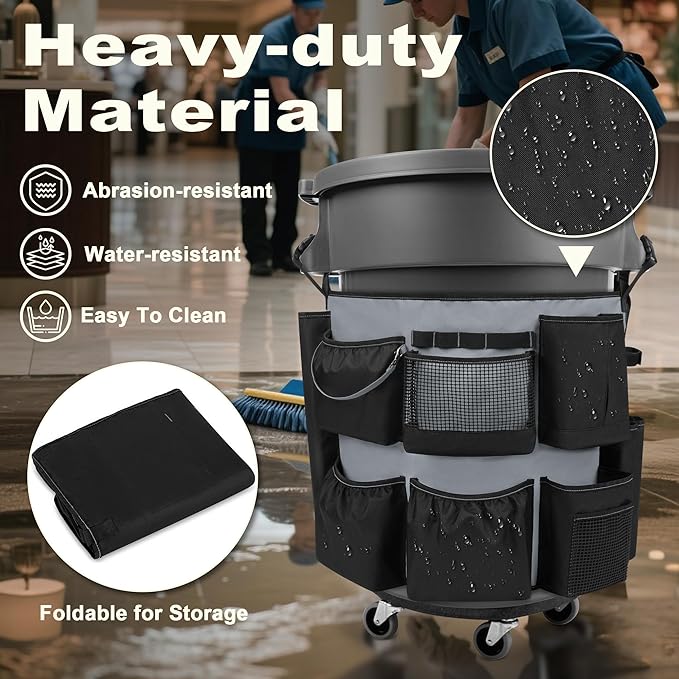32-55 Gallon Trash Can Caddy Bag Garbage Bin Apron Caddy with Multiple Pockets for Cleaning Supplies Cleaning Tool Organizer with Adjustable Buckle for Janitorial Trash Can Black+Gray