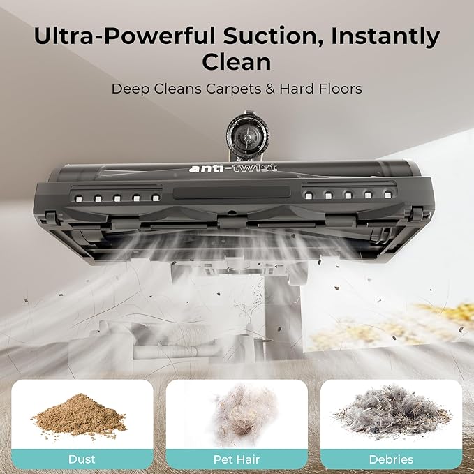 Candy Cordless Stick Vacuum Cleaner 650W/320AW Powerful Suction Up to 100min Flexi-Fold Tube SmartSense Tech LED Headlights Pet Hair Pickup Pet &amp Crevice Tools for Hard Floor &amp Carpet